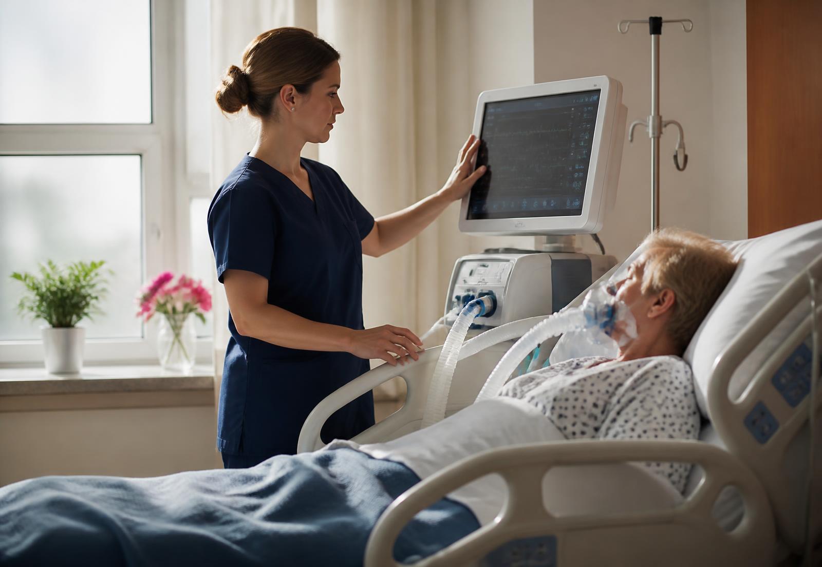 Nurse adjusting a ventilator beside a patient at Lakeview